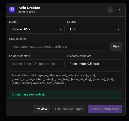 Purin grabber extension showing source, selector, folder template, and filename rules.